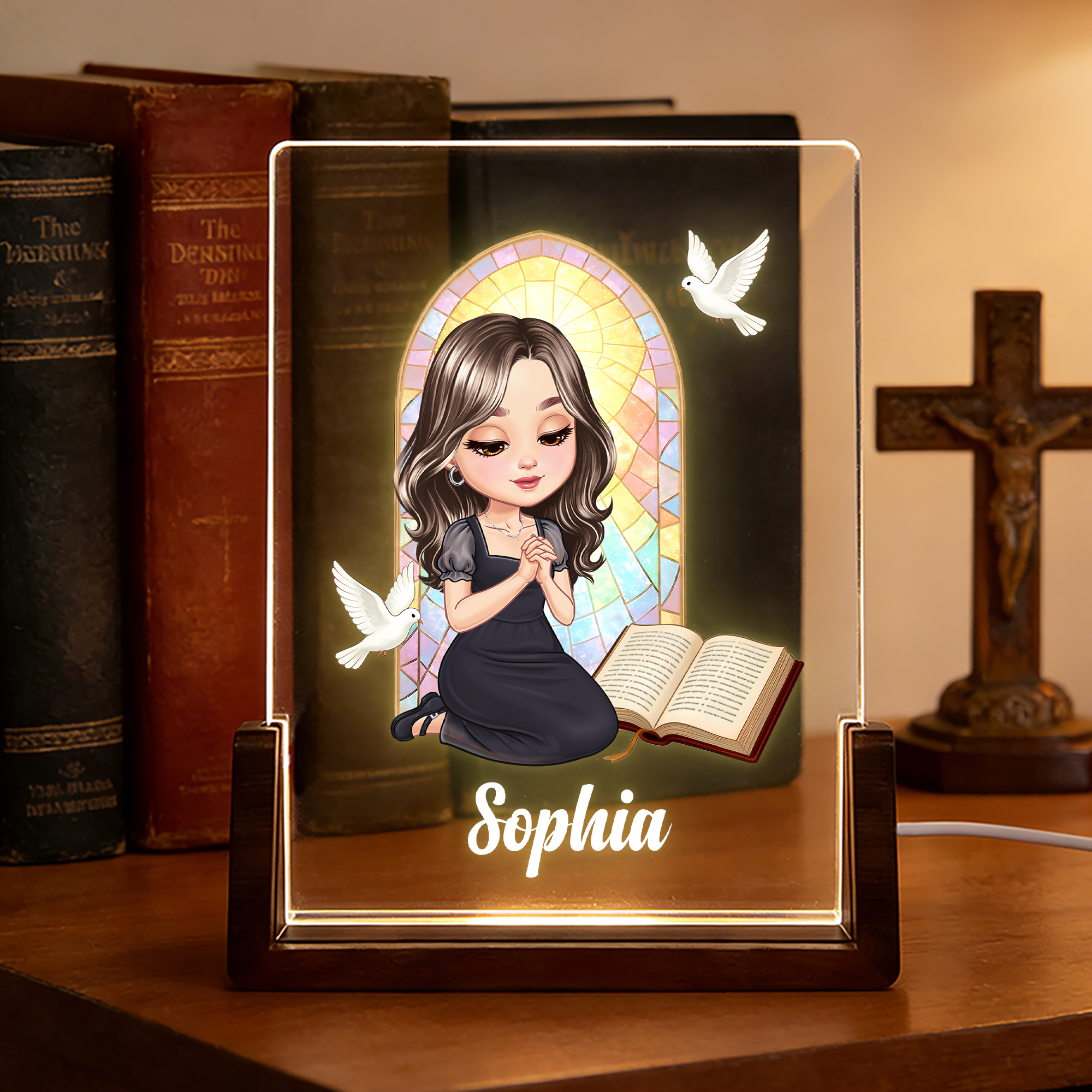 Veilleuse LED en acrylique avec socle en bois Baptême Confirmation Cadeau d'anniversaire pour femme chrétienne