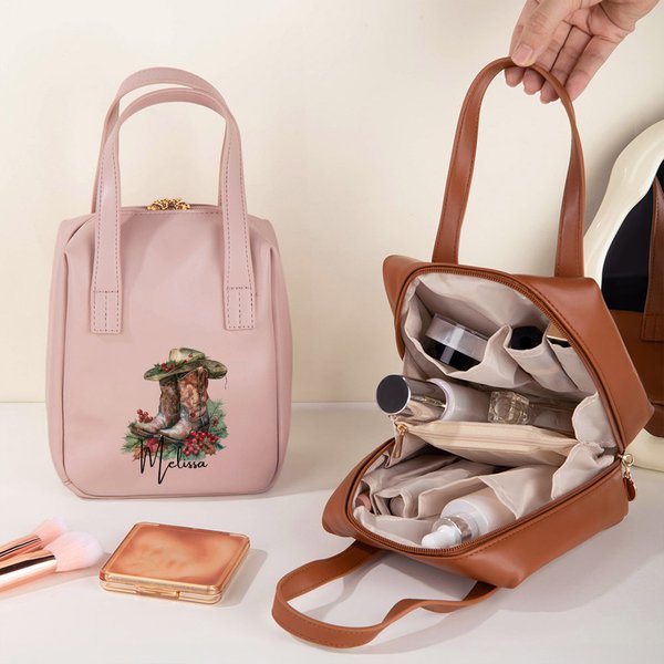 Gepersonaliseerde Cowboy Geboorte Bloemenlaarzen PU Leren Handheld Make-up tas met naam Verjaardag Verjaardagscadeau voor vrouwen