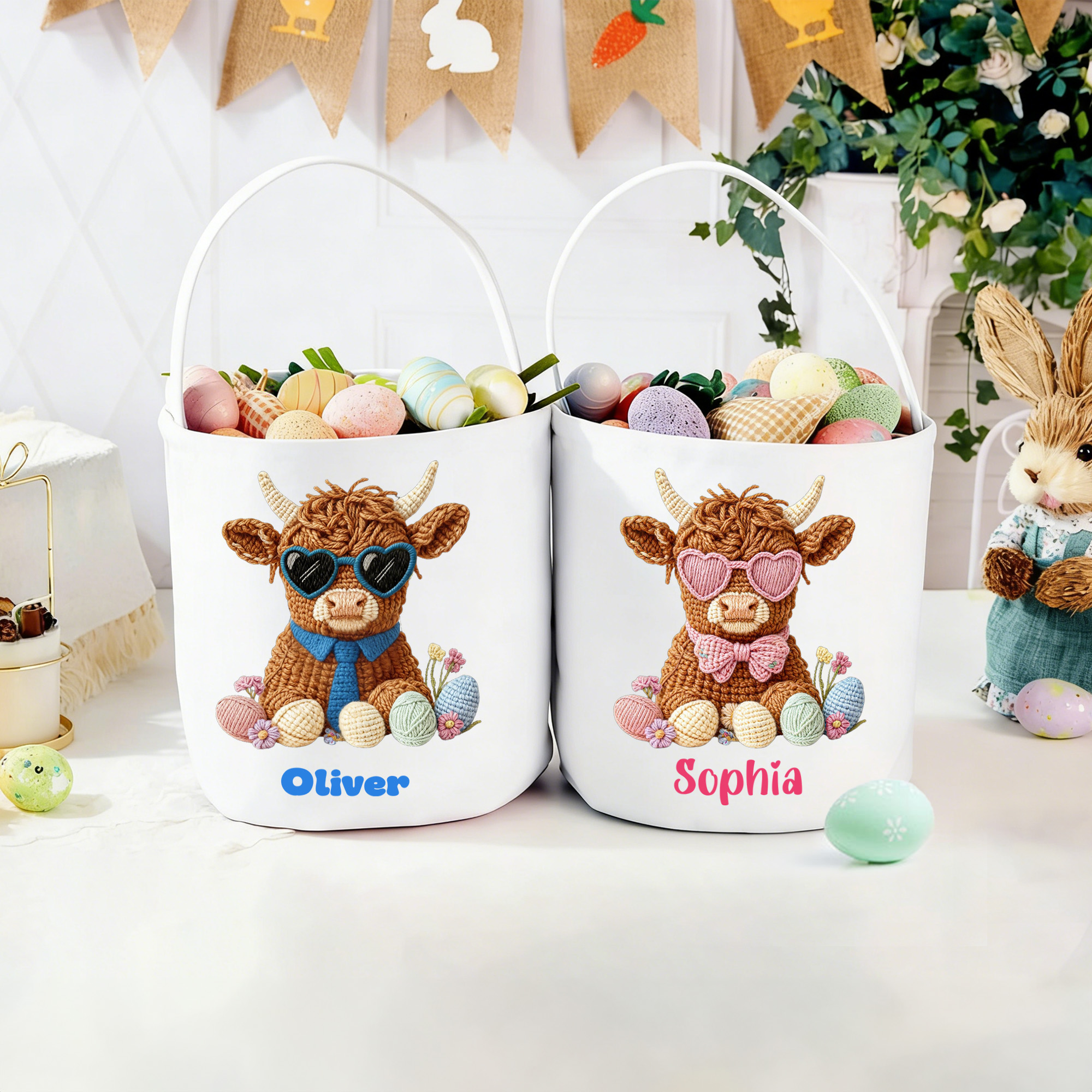 Panier d'oeufs de Pâques personnalisé avec le nom de la vache Highland Cadeau de Pâques pour Garçons Filles