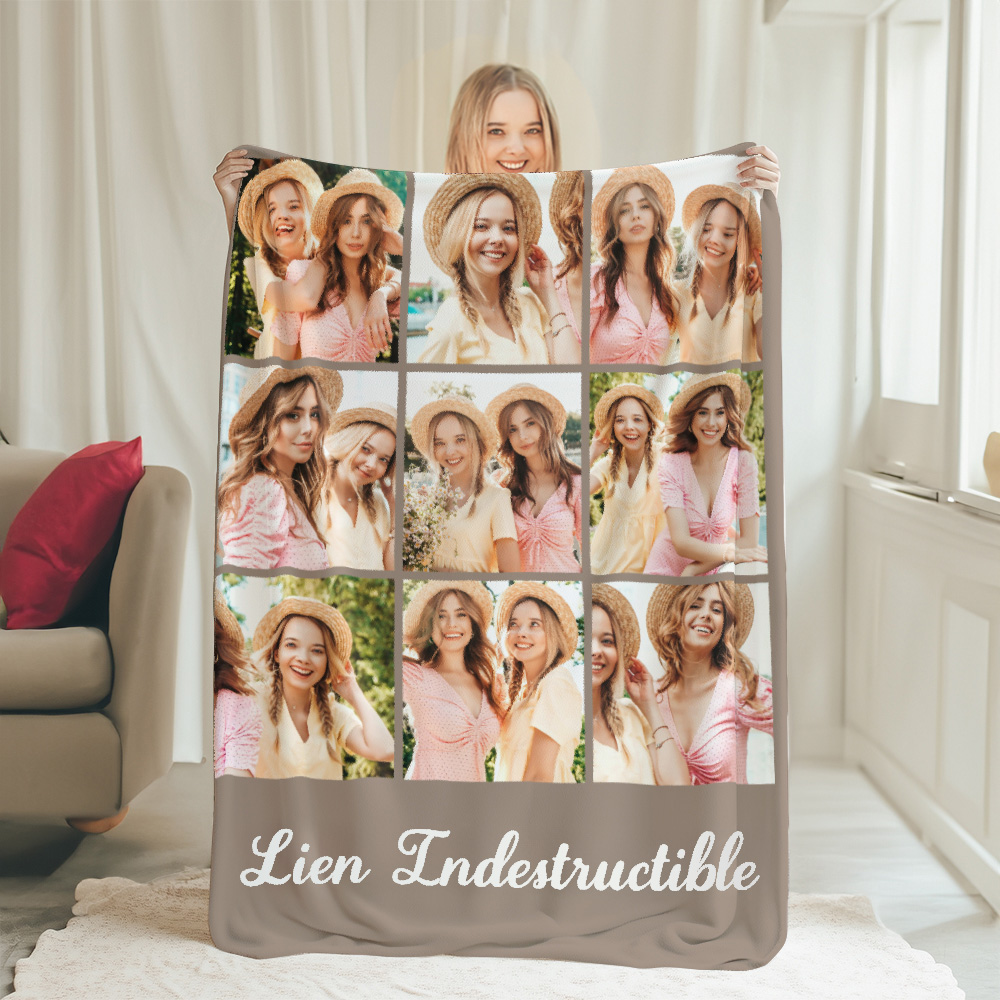 Couverture douce personnalisée avec collage de 6 à 9 photos et texte - Cadeau anniversaire rencontre pour ami famille couple