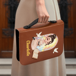 Personalized Cartoon Prayer Character Cross PU Leather Bible Book Cover with Zipper and Carry Handle Baptism Religious Day Gift for Christians Women