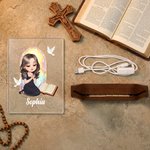 Personalized Cross Bible Book Cartoon Prayer Character Acrylic LED Night Light with Wooden Base Baptism Confirmation Birthday Gift for Christian Woman