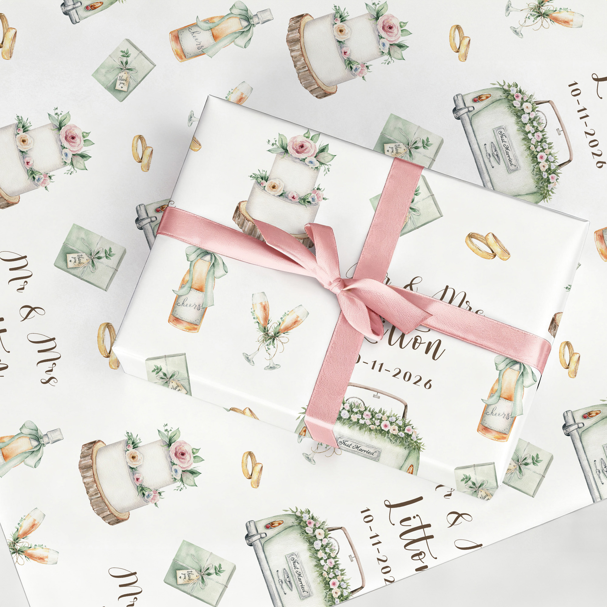 Papier d'emballage imperméable personnalisé M. et Mme avec nom de famille et date Cadeau d'anniversaire de mariage pour couple mariée marié