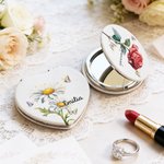 Personalized Birth Flower Butterfly Compact PU Leather Heart Round Square Makeup Mirror with Name Birthday Wedding Party Gift for Women