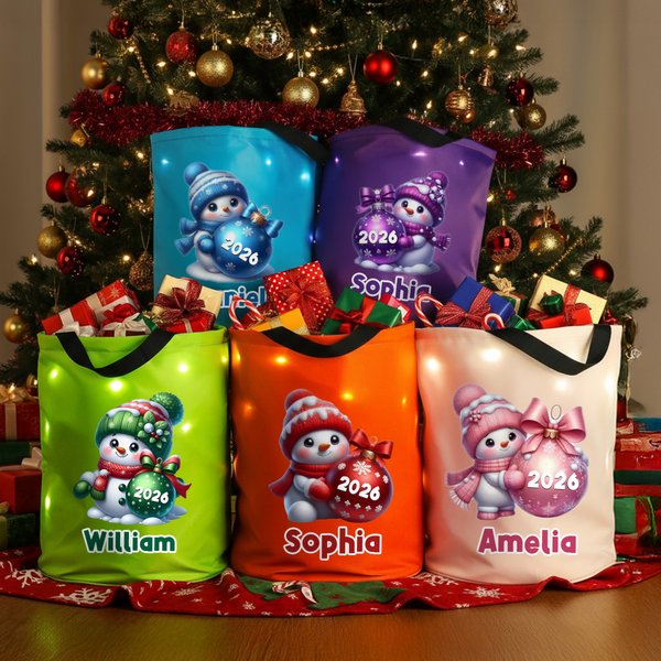Personalized Cute Cartoon Snowman LED Light Bucket Bag with Name and Year Holiday Storage Decor Christmas Gift for Kids