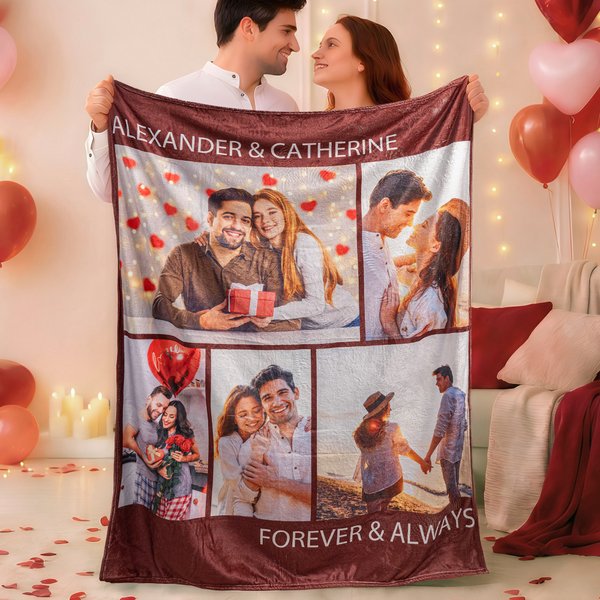Coperta morbida personalizzata con collage di 5 foto e nome dell'amante Regalo di San Valentino Anniversario per la coppia