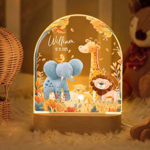 Personalised Cute Cartoon Animals Acrylic LED Night Light with Name Date and Wooden Base Nursery Home Decor Birthday Gift for Kids