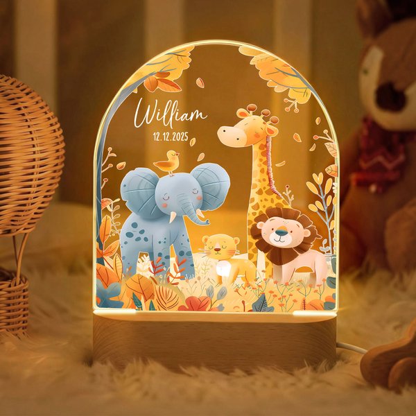 Veilleuse LED en acrylique personnalisée avec nom, date et socle en bois Décoration de la chambre d'enfant Cadeau d'anniversaire pour les enfants