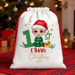 Personalised 1st Christmas Cartoon Character Drawstring Gift Bag with Name Christmas Eve Party Favors for Baby Girls Boys Kids Family