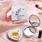 Personalized Birth Flower Butterfly Compact PU Leather Heart Round Square Makeup Mirror with Name Birthday Wedding Party Gift for Women