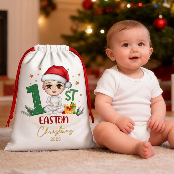 Personalised 1st Christmas Cartoon Character Drawstring Gift Bag with Name Christmas Eve Party Favors for Baby Girls Boys Kids Family