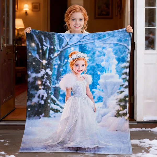 Gepersonaliseerde Frozen Forest Princess foto fonkelende sneeuw scène zachte deken met naam Home Decor verjaardagscadeau voor meisje