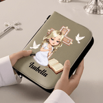 Personalized Cartoon Prayer Character Cross PU Leather Bible Book Cover with Zipper and Carry Handle Baptism Religious Day Gift for Christians Women
