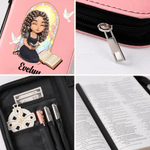 Personalized Cartoon Prayer Character Cross PU Leather Bible Book Cover with Zipper and Carry Handle Baptism Religious Day Gift for Christians Women