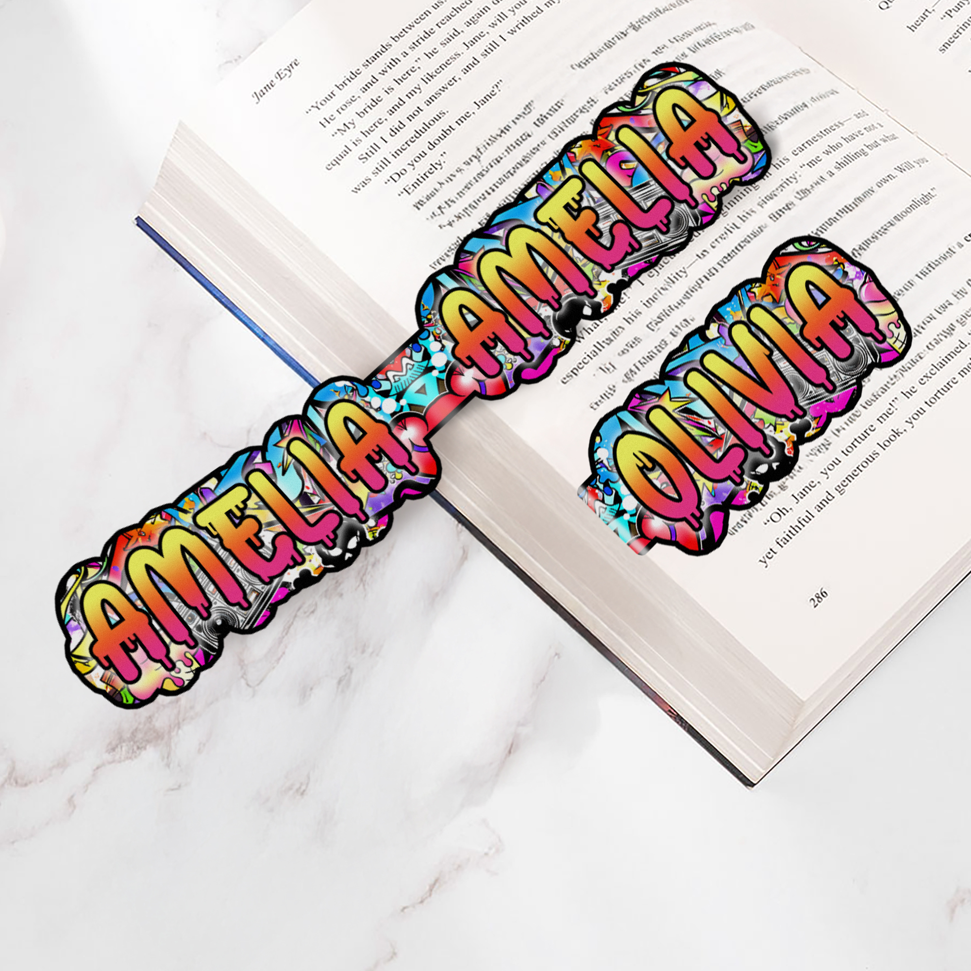 Marque-page magnétique personnalisé avec nom Graffiti Utilisation quotidienne Retour à l'école Cadeau d'anniversaire pour les amoureux des livres Les rats de bibliothèque