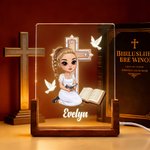 Personalized Cross Bible Book Cartoon Prayer Character Acrylic LED Night Light with Wooden Base Baptism Confirmation Birthday Gift for Christian Woman