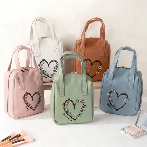 Gepersonaliseerd Hartvormig Geboortebloem PU Leren Make-up Tasje met 1-6 Namen Dagelijks Gebruik Verjaardagscadeau voor Vrienden Besties