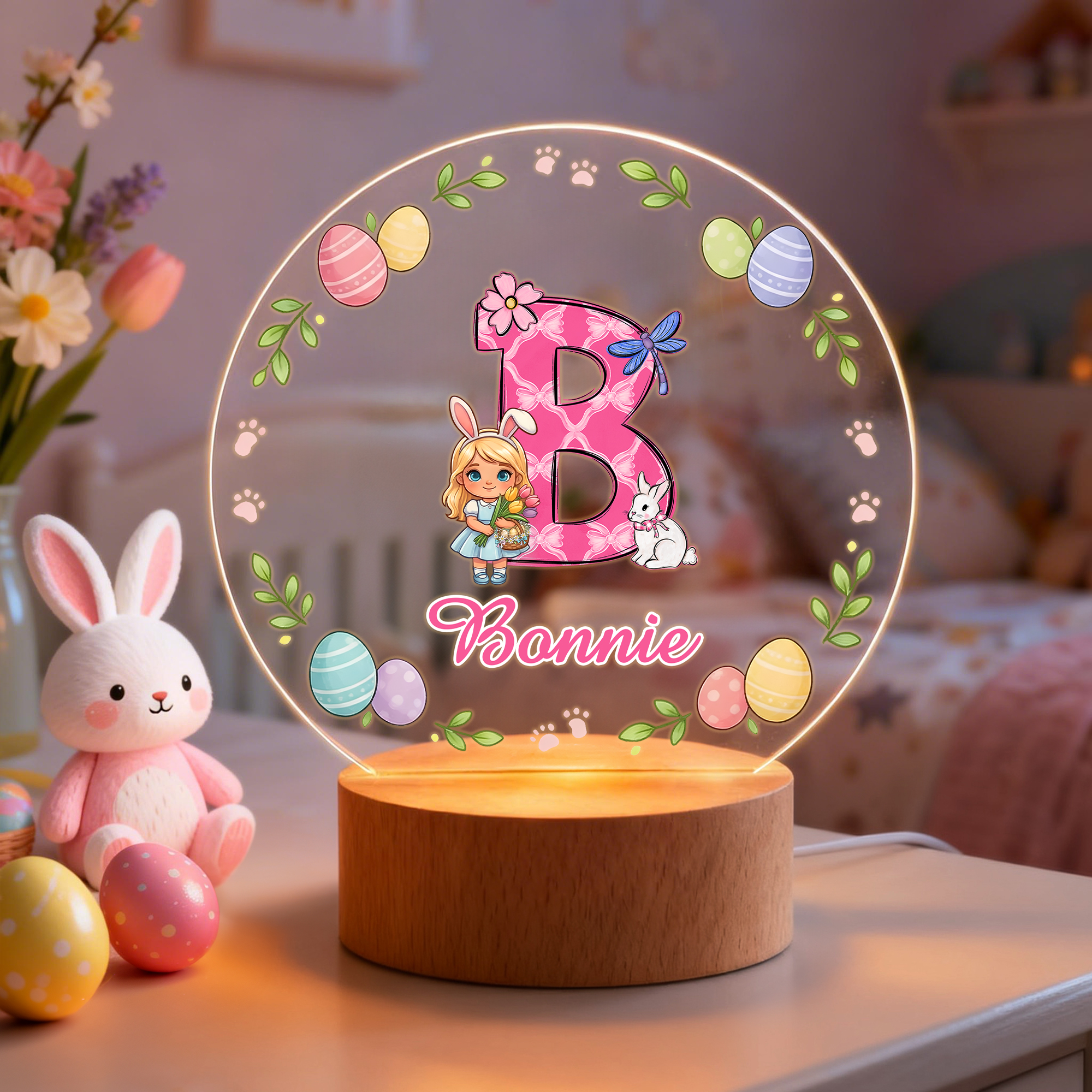 Veilleuse LED personnalisée avec nom et base en bois, avec personnage de dessin animé, lapin, sept couleurs et initiales, décoration de chambre, cadeau de fête de Pâques pour les enfants.