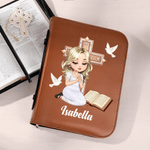 Personalized Cartoon Prayer Character Cross PU Leather Bible Book Cover with Zipper and Carry Handle Baptism Religious Day Gift for Christians Women