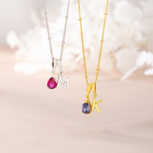 Personalized 3D Bubble Initial Necklace with Teardrop Birthstone Dainty Jewelry Birthday Valentine's Day Anniversary Gift for Women