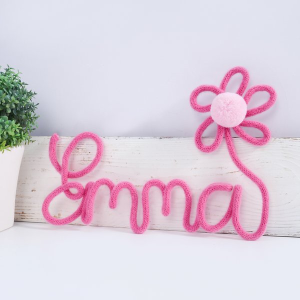 Personalized Knitted Wire Name Sign with Flower and Pom-Pom Bedroom Room Decor Birthday Baby Shower Gift for Kids