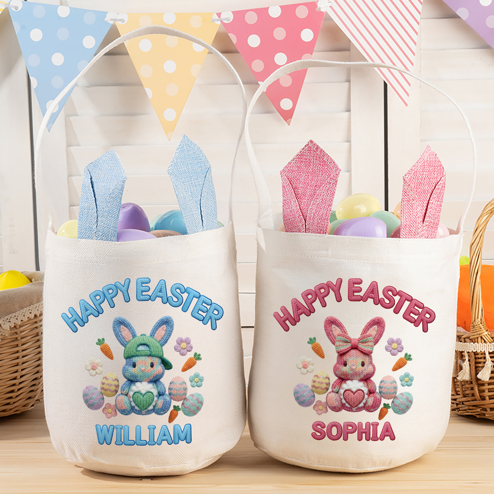 Panier en lin avec oreilles de lapin Chasse aux oeufs de Pâques Cadeau de fête de Pâques pour enfants