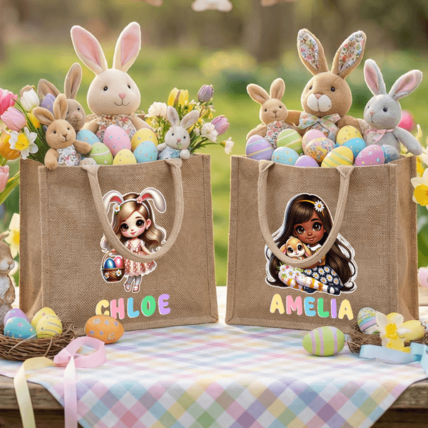 Personalized Cute Cartoon Bunny Girl Large Capacity Jute Bag with Name Daily Use Happy Easter Gift for Girls