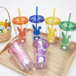 Personalised Cute Bunny Silhouette Name 16 oz Reusable Plastic Water Cup with Lid and Straw Easter Birthday Gift for Children