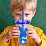 Personalised Cute Bunny Silhouette Name 16 oz Reusable Plastic Water Cup with Lid and Straw Easter Birthday Gift for Children