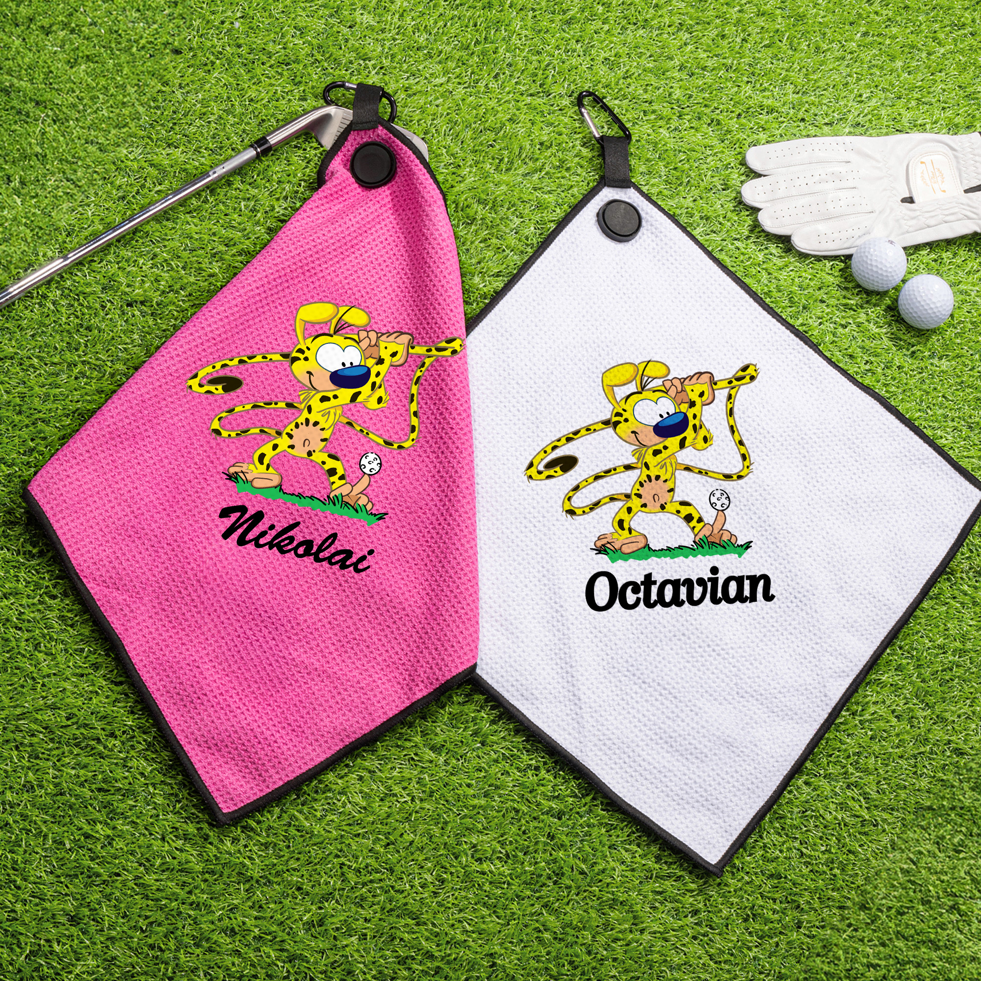 Serviette de golf gaufrée magnétique avec clip de suspension Cadeau d'anniversaire pour joueur de golf | Callie × Marsupilami®.