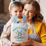 Personalized Yarn Crocheted Effect Cute Rabbit Name Linen Bucket Basket with Bunny Ears Easter Egg Hunting Easter Party Favors Gift for Kids