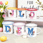 Personalized Cartoon Rabbit Ears Kid Character 12 oz Enamel Mug with Initial and Name Daily Use Easter Party Gift for Boys Girls