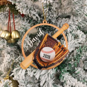 Personalised Baseball Gloves Bat Round Wooden Hanging Ornament with Name and Year Home Decor Christmas Gift for Teen Athletes Coaches Baseball Fans