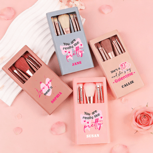 Personalisierte Herz Bogen Rose 5 Pcs Make-up Pinsel Box Set mit Namen und Spiegel Geburtstag Valentinstag Geschenk für Freunde Mädchen