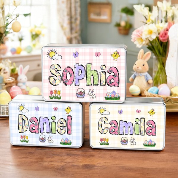 Uova di Pasqua personalizzate di fiori di coniglio Scatola di biscotti in metallo per uso alimentare con nome Regalo di Pasqua per ragazzi ragazze bambini