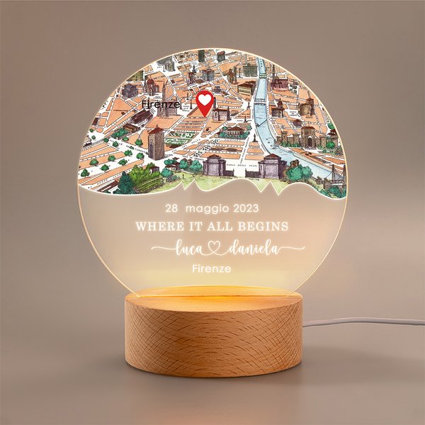 Luce notturna a LED con base in legno personalizzata con nome, indirizzo e data - Regalo di San Valentino per coppie