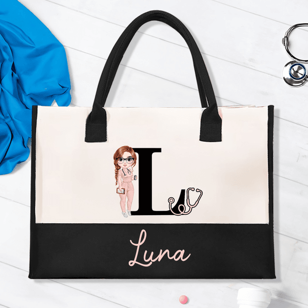 Personalized Cartoon Character Stethoscope Large Capacity Canvas Tote Bag with Name Birthday Appreciation Gift for Nurse Doctor