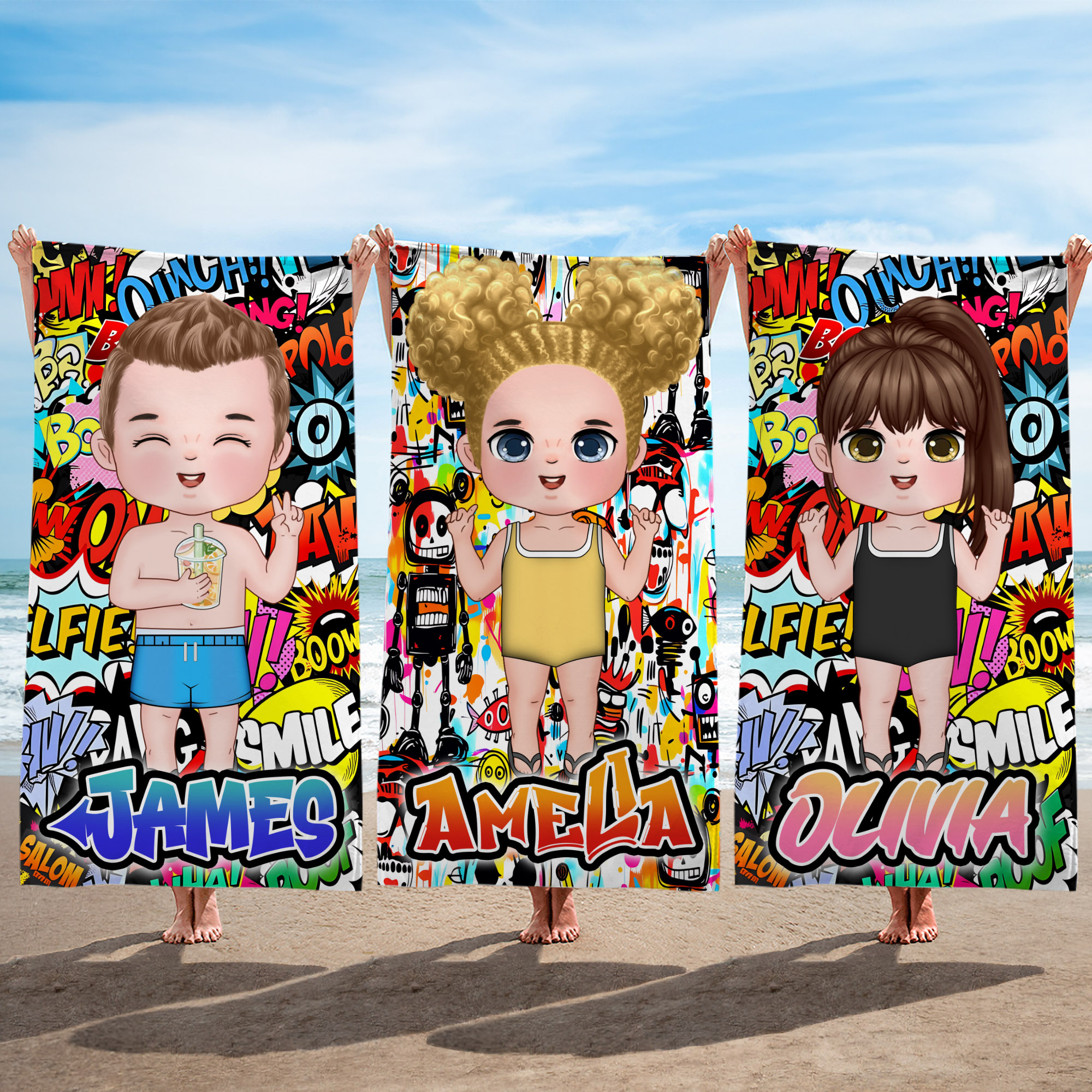 Serviette de plage surdimensionnée personnalisée Graffiti Style Cartoon Character Soft Quick Dry avec nom Travel Vacation Essential Birthday Gift for Kids Adults