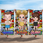 Personlig graffitistil tecknad karaktär mjuk snabbtorkande överdimensionerad strandhandduk med namn resa semester väsentlig födelsedagspresent för barn vuxna