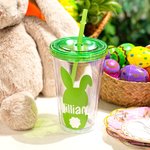 Personalised Cute Bunny Silhouette Name 16 oz Reusable Plastic Water Cup with Lid and Straw Easter Birthday Gift for Children