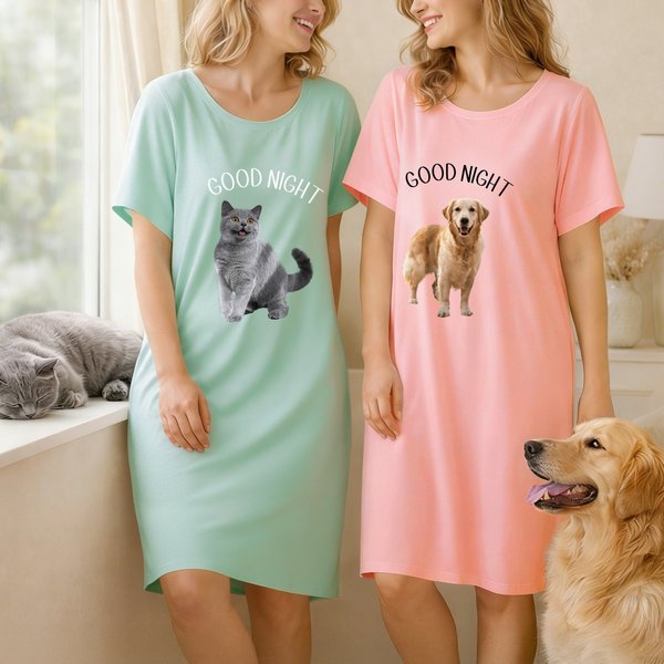 Personalized Multicolor Pet Photo Soft Nightdress with Text Daily Wear Birthday Gift for Grandma Mom Woman Pet Lover