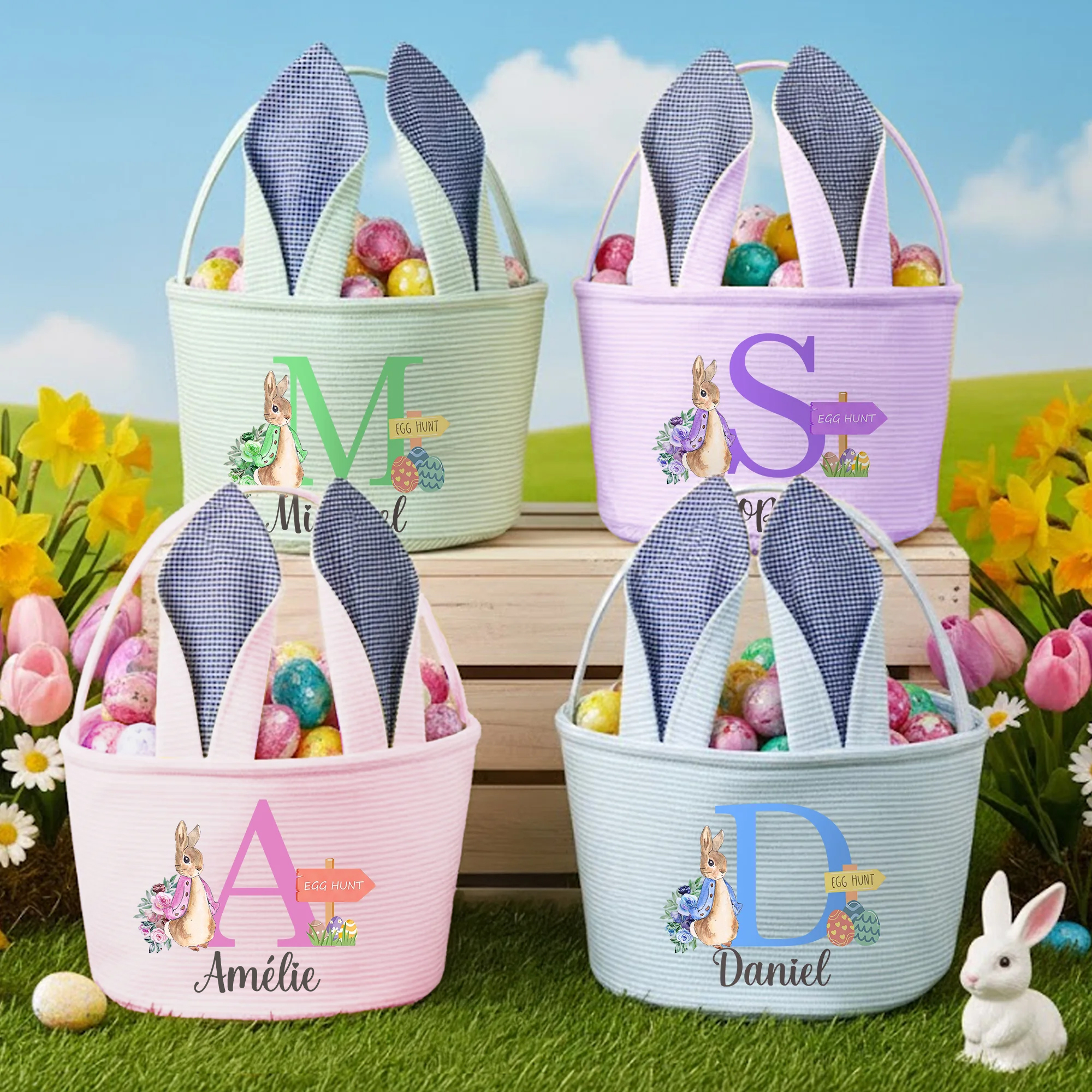 Panier de œufs Pâques personnalisé avec nom et motif lapin - Cadeau fête de Pâques pour les enfants