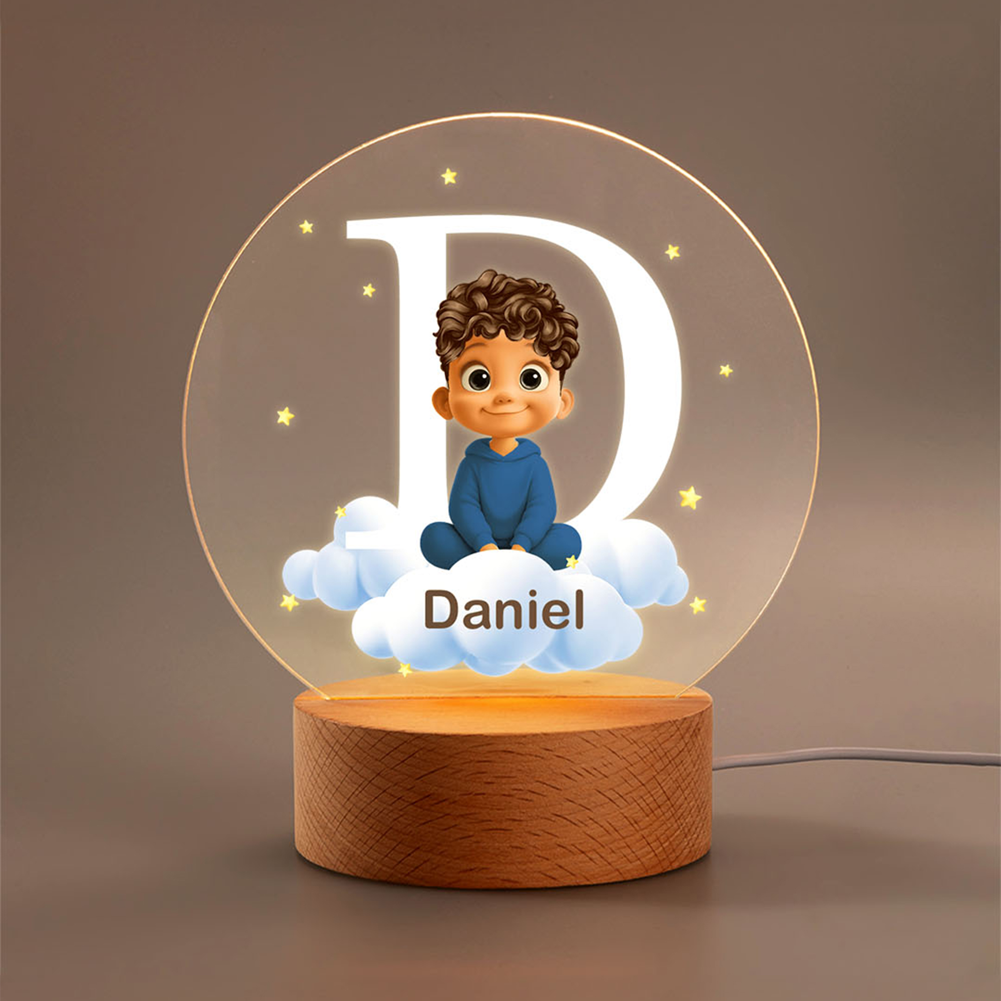 Veilleuse LED Personnalisée avec Base en Bois et Nom Décoration de Chambre d'Enfant Anniversaire Cadeau de Douceur pour Bébé Enfant