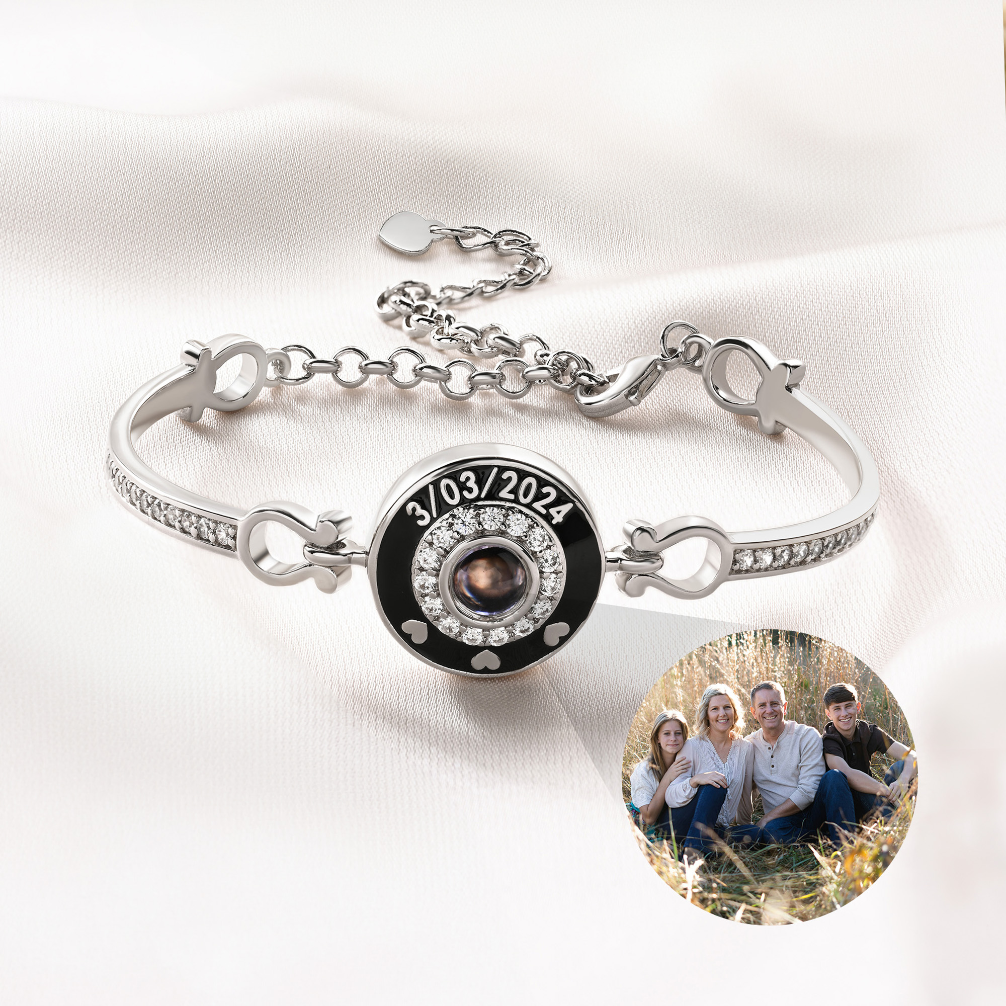 Bracelet Personnalisé avec Projection Photo Texte Pierre Précieuse Cadeau d'Anniversaire pour Femme et Fille