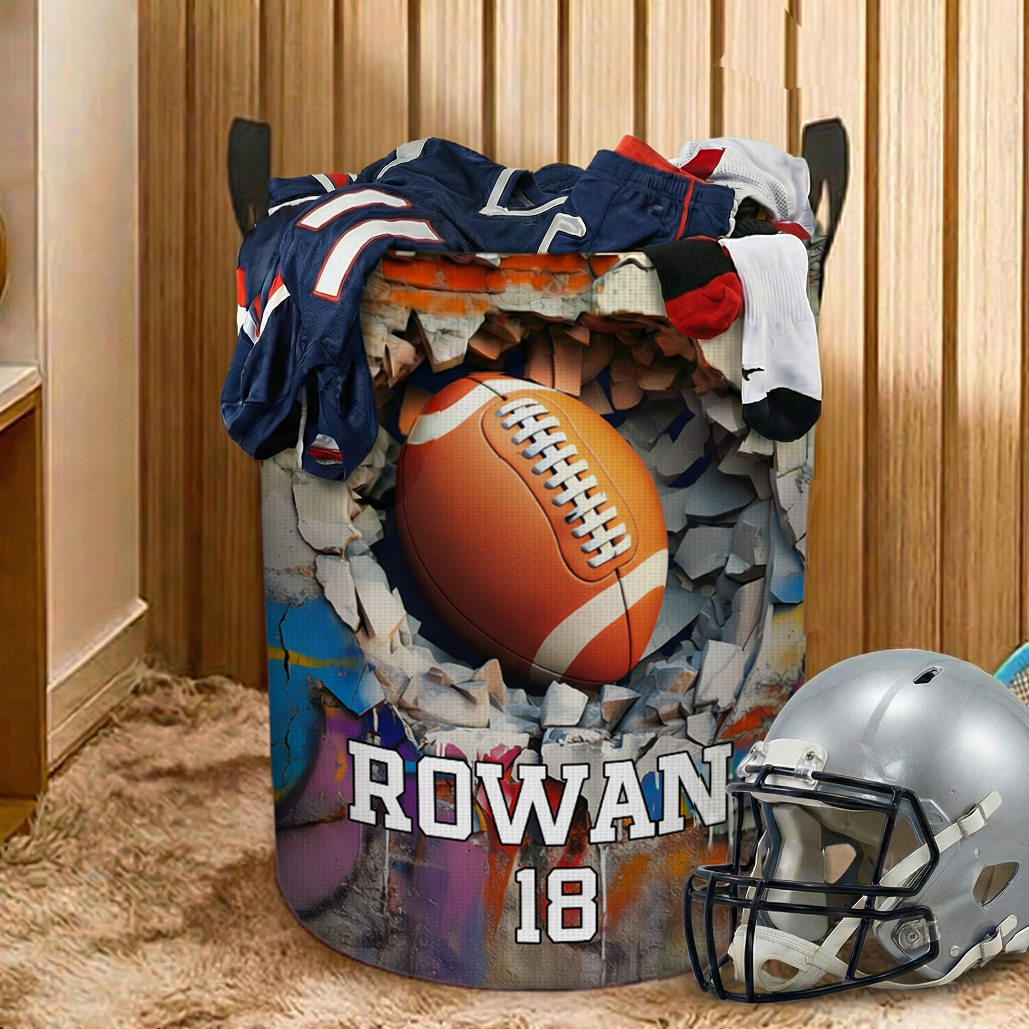 Panier à linge imperméable avec poignée et numéro Cadeau d'anniversaire et de pendaison de crémaillère pour les amateurs de sports de balle.