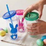 Personalised Cute Bunny Silhouette Name 16 oz Reusable Plastic Water Cup with Lid and Straw Easter Birthday Gift for Children