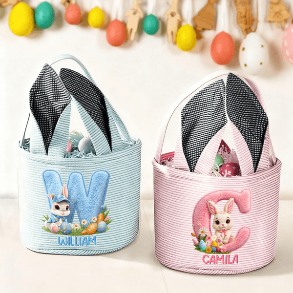 Personalised Simulated 3D Printing Effect Bunny Rabbit Ears Striped Easter Basket with Initial and Name Easter Party Favor Eggs Hunting Gift for Kids
