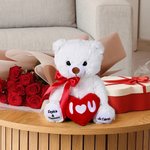 Ours en peluche avec cœur rouge personnalisé avec textes sur les pieds - Cadeau anniversaire Saint-Valentin pour couple