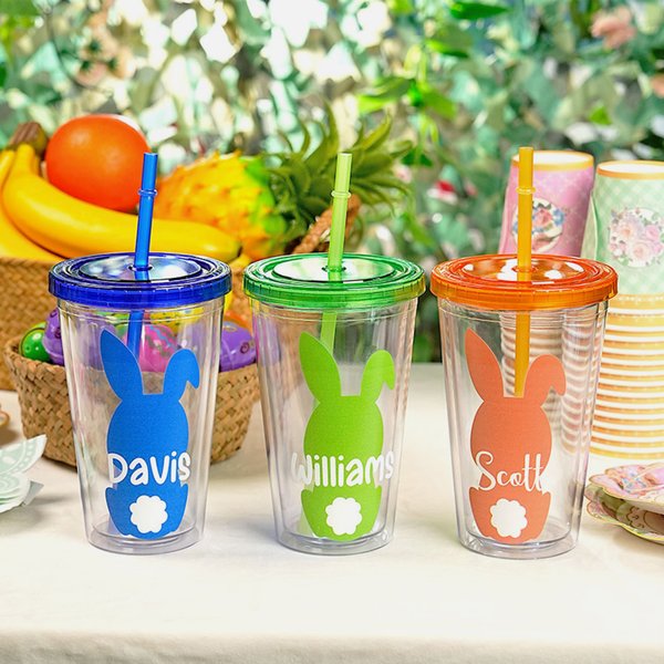 Personalised Cute Bunny Silhouette Name 16 oz Reusable Plastic Water Cup with Lid and Straw Easter Birthday Gift for Children