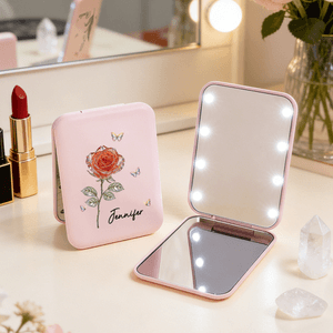 Personalized Crystal Birth Flower Butterfly LED Makeup Pocket Mirror with Name Travel Daily Use Birthday Wedding Gift for Women Besties Brides